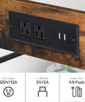 Do It All Kitchen Island With Power Outlet And Storage, close-up of 2 AC outlets and USB ports on rustic brown finish