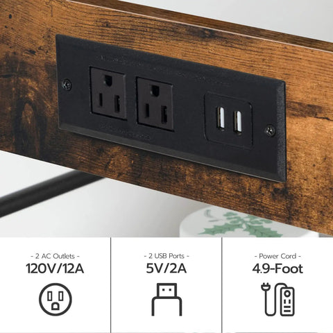 Do It All Kitchen Island With Power Outlet And Storage, close-up of 2 AC outlets and USB ports on rustic brown finish