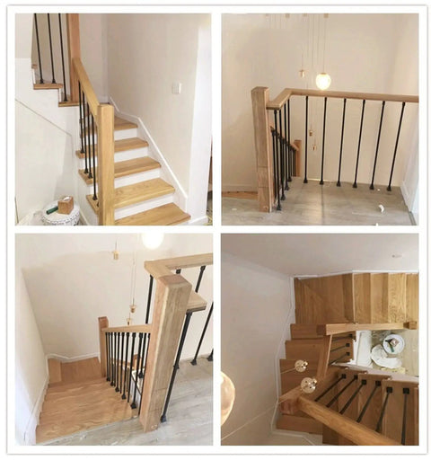 Top Tier Adjustable Black Wrought Iron Stair Railing For Indoor And Outdoor Deck Projects visible in modern staircase with wooden steps.