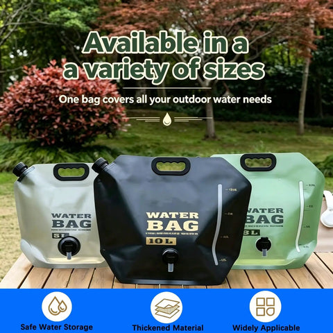 Heavy Duty Portable Camping Water Bag With Spigot for Outdoor Drinking, 5L 8L 10L Options, in black, gray, and green.