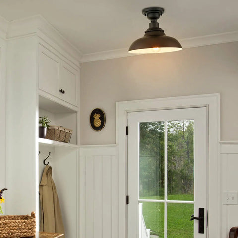 12-Inch Farmhouse Matte Black Dope Semi Flush Mount Ceiling Light With Barn Shade in a bright kitchen entrance