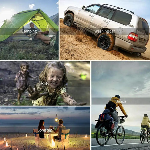 Collage of camping, washing car, kids, beach, and long trip activities for outdoor use with Large Capacity Solar Shower Bag 5 Gallons 20L.