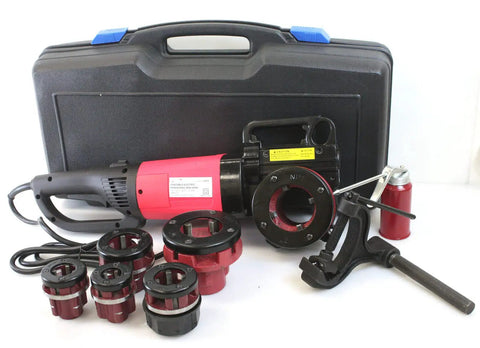 Killer Torque 2000W Portable Electric Pipe Threader with six NPT dies for 1/2 to 2 inch pipes in a carrying case.