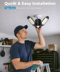 Motion Sensor Garage Light Ultra Bright 8000LM 6500K Shop Light With 3 Modes Auto On Off PIR Detection 360 Degree Coverage Detects Movement Up To 15 Feet Perfect For Garage, Shop, And Driveway. man installing LED garage light on ceiling