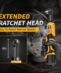 Pro Grade 3/8 Inch Cordless Electric Ratchet Wrench Kit With Variable Speed And 45 Ft Lbs Of Twist Power for narrow spaces with extended ratchet head.