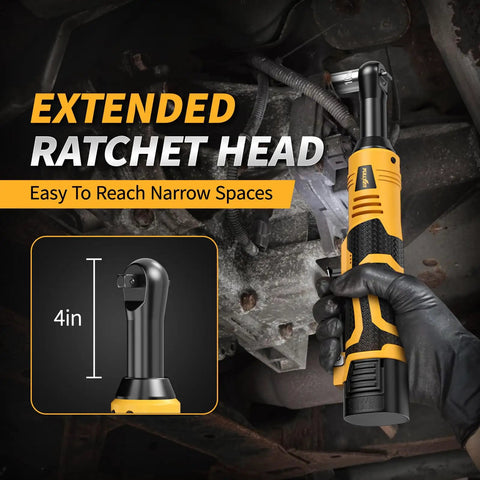 Pro Grade 3/8 Inch Cordless Electric Ratchet Wrench Kit With Variable Speed And 45 Ft Lbs Of Twist Power for narrow spaces with extended ratchet head.