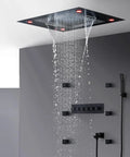Top Shelf Ceiling Mount Rain Shower Kit With Bright LED Temp Display And Swift Handheld Switch Featuring Polished Body Jets Brushed Gold Thermostatic Valve Solid Build Bath Upgrade with rainfall showerhead and wall-mounted controls.
