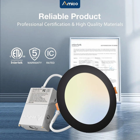 Twelve Pack Ultra Thin LED Recessed Ceiling Lights With J Box Five CCT Selectable 2700K 3000K 3500K 4000K 5000K Dimmable Canless Downlight 12W Equivalent To 110W 1050 Lumens Black ETL showcased with certification documents.