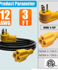 Heavy Duty 12 AWG Power Adapter Cable That Converts 15 Amp 125V Household Plug To 20 Amp Outlet For Outdoor Tools And Gear With 3ft Length with yellow connectors.