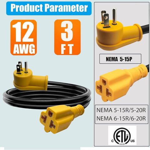 Heavy Duty 12 AWG Power Adapter Cable That Converts 15 Amp 125V Household Plug To 20 Amp Outlet For Outdoor Tools And Gear With 3ft Length with yellow connectors.