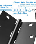 Diagram showing Matte Black 3.5 Inch Door Hinges Set components and nail with instructions on hinge pin removal.