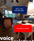 Living room with voice assistant featuring LoRa Smart Outdoor Contact Sensor and Hub Starter Kit with Plug and Play Setup for Home Security.
