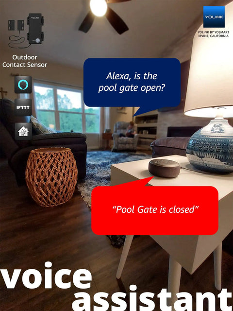 Living room with voice assistant featuring LoRa Smart Outdoor Contact Sensor and Hub Starter Kit with Plug and Play Setup for Home Security.