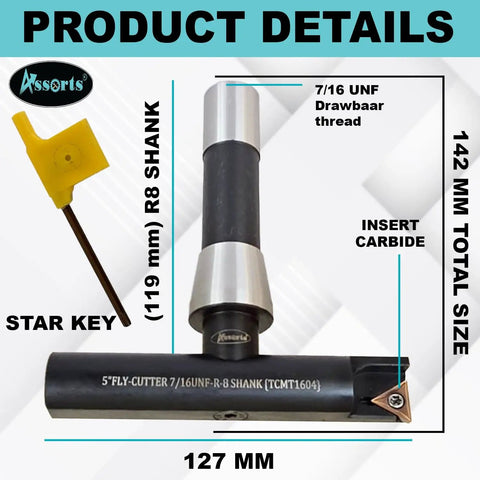 Diagram featuring Five Inch Balanced Fly Cutter Indexable Face Milling Cutter With R8 Shank, Torx screw, and star key.