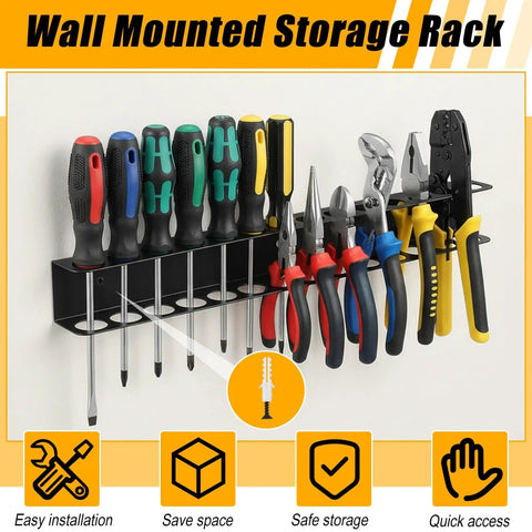 Front view of 2 Pack Screwdriver Organizer Wall Mount Set With 28 Tool Capacity 14 Top And Bottom Holes Per Holder Metal Pliers Organizer Fifteen Point Eight Inch Long Space Saving Storage For Garage Workshop And Home Workbench