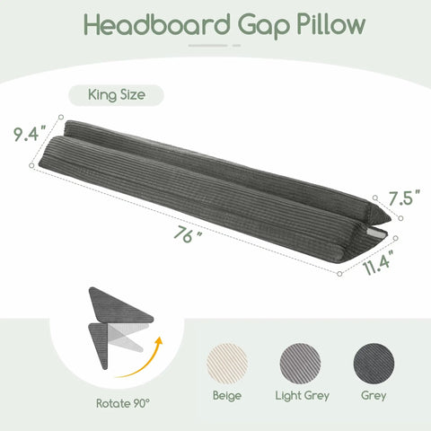 King Size Wedge Pillow for Headboard Gap Filler and Bed Gap Sealer, Adjustable Wedge for Head and Neck Support, Multi Functional Gap Blocker for Bed, Sofa, or Wall Gaps, Seals 0 to 7 Inch Gap, Gray 76 by 11 by 9 Inches, shown with dimensions and 90° rotation
