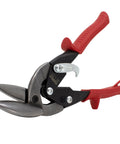 Midwest aviation snip left-cut offset tinning shears with red cushioned handles, side view