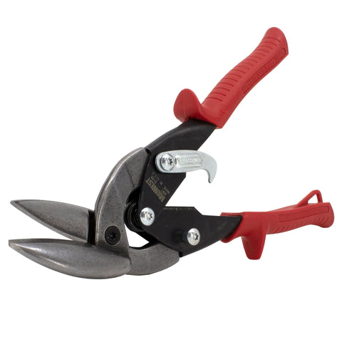 Midwest aviation snip left-cut offset tinning shears with red cushioned handles, side view