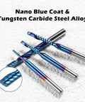 Front view Genmitsu 1/8 in shank carbide end mills with blue coat; 4pc spiral O-flute set for wood, acrylic, PVC, MDF
