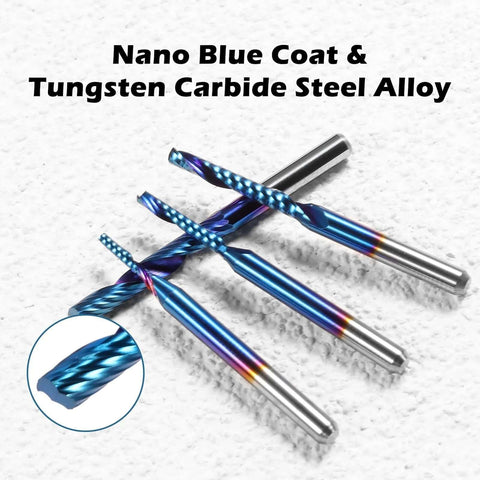 Front view Genmitsu 1/8 in shank carbide end mills with blue coat; 4pc spiral O-flute set for wood, acrylic, PVC, MDF