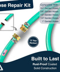 Heavy Duty Garden Hose Repair Kit For Five Eighths And Three Quarters Inch Hoses Leak Proof Metal Mender And Connector Set With Male And Female Fittings For Fixing Hose Ends Two Pack showing assembled connectors on hoses.