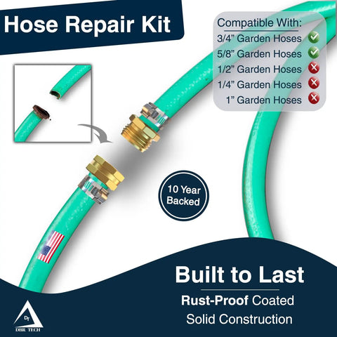 Heavy Duty Garden Hose Repair Kit For Five Eighths And Three Quarters Inch Hoses Leak Proof Metal Mender And Connector Set With Male And Female Fittings For Fixing Hose Ends Two Pack showing assembled connectors on hoses.