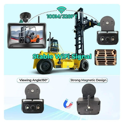 Badass Wireless Forklift Backup Camera Kit With No Sweat Setup And Five Inch Monitor showing stable WiFi signal and strong magnetic design.