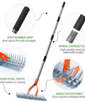 15 Inch Thatch Rake For Lawns Heavy Duty Dethatching Rake With Steel Handle showing rubber grip, spiral connection, and steel teeth