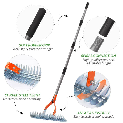 15 Inch Thatch Rake For Lawns Heavy Duty Dethatching Rake With Steel Handle showing rubber grip, spiral connection, and steel teeth