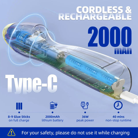Cordless Hot Glue Gun With 6 Second Preheat, Auto Dispense And Dripless Design showing internal Type-C battery