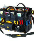 Pro Grade 18 Inch Tote Bag With Top Plastic Tray And 37 Pocket Organizer loaded with assorted tools, visible from front angle