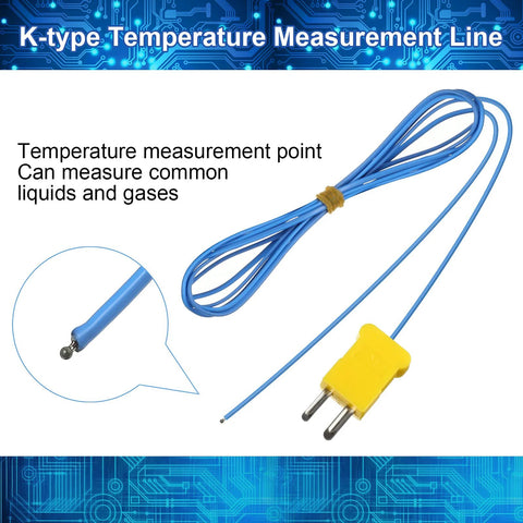 K-type thermocouple temperature sensor probe with 2m blue lead and yellow mini-connector; metal tip visible.