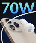 70W 3 Port Fast Car Charger With USB C PD And USB A QC Quick Charge next to smartphone, showing USB-C output.