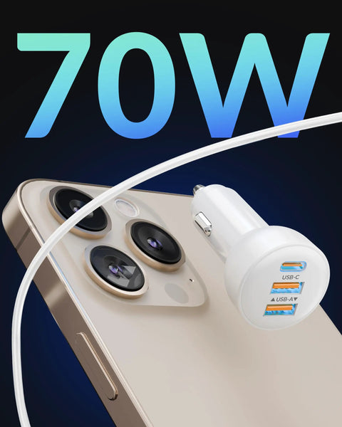 70W 3 Port Fast Car Charger With USB C PD And USB A QC Quick Charge next to smartphone, showing USB-C output.