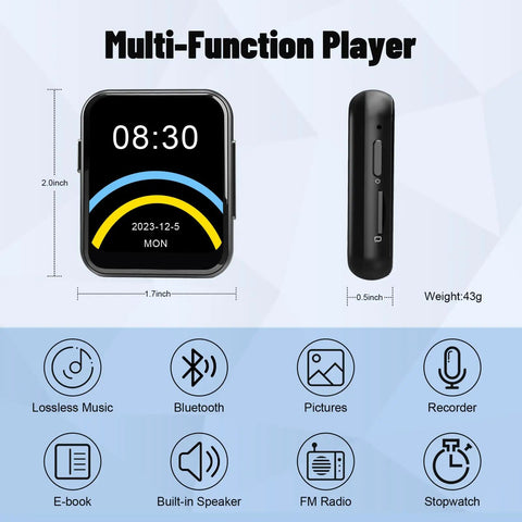 Front and side view of 128GB MP3 Player With Bluetooth 5.3, Dope Portable Digital Lossless Music Player With Built-In Speaker, 2.0 Inch Full Touch Screen