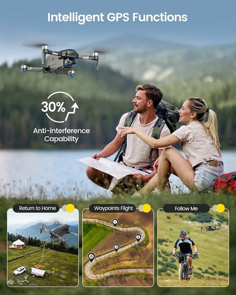 Dope 4K GPS Drone With 2 Axis Gimbal, Remote ID flying over a couple by a lake with intelligent GPS functions displayed