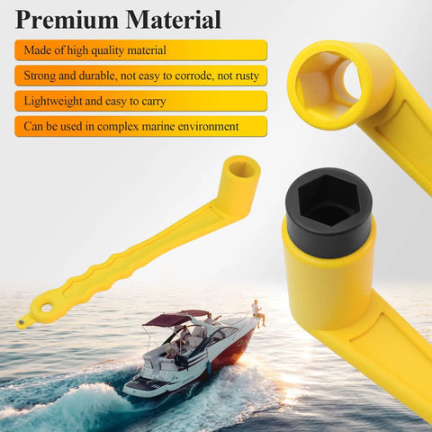 Universal Lightweight Prop Wrench For Marine Outboard And Stern Drives, bright yellow tool above a boat in water