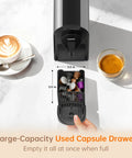 Top Tier Espresso Maker For Nes Pods With 20 Bar Italian Pump And One Touch Brewing 1400 Watt Automatic Coffee Brewer In Sleek Gray showcasing used capsule drawer beside coffee.