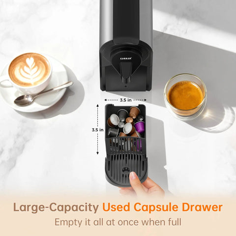 Top Tier Espresso Maker For Nes Pods With 20 Bar Italian Pump And One Touch Brewing 1400 Watt Automatic Coffee Brewer In Sleek Gray showcasing used capsule drawer beside coffee.