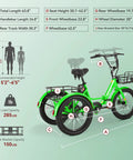 All Terrain Adult Electric Trike With Three Wheels Folding Design 450 Lb Load Up To 40 Miles Of Range At Fifteen Point Five To Nineteen MPH 750W Peak Motor With Removable Battery UL Certified Step Through E Trike For Easy City Cruising, green 3-wheel size chart