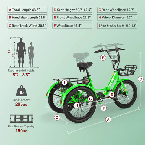 All Terrain Adult Electric Trike With Three Wheels Folding Design 450 Lb Load Up To 40 Miles Of Range At Fifteen Point Five To Nineteen MPH 750W Peak Motor With Removable Battery UL Certified Step Through E Trike For Easy City Cruising, green 3-wheel size chart