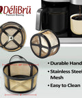 Reusable Gold Tone Mesh Coffee Filter For Keurig K Duo with durable basket handle and stainless steel mesh in action.