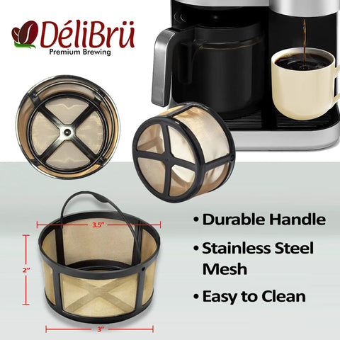 Reusable Gold Tone Mesh Coffee Filter For Keurig K Duo with durable basket handle and stainless steel mesh in action.