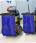 Heavy Duty Janitorial Cart Bag For Cleaning Crew Spacious Canvas Organizer For Housekeeping Gardens And Factories Replacement Bag Built Tough Interior Storage And Reusable Design, blue cart bag front view