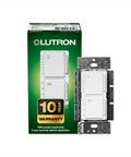 Maestro Dual Fan And Light Dimmer Switch pack with warranty label, white finish, single pole, dimmable LEDs incandescent halogen control