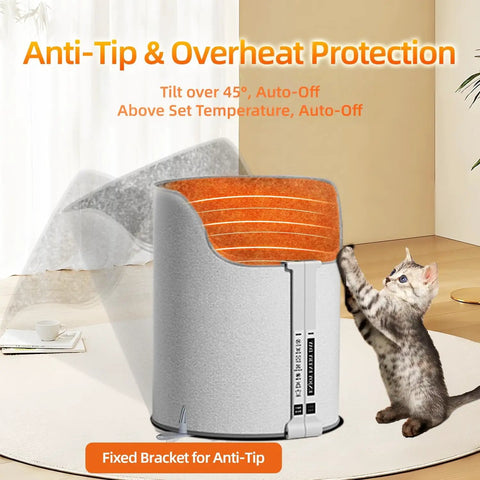 Under Desk Electric Foot Warmer For Office And Home with anti-tip protection, gray cylindrical design with orange interior.