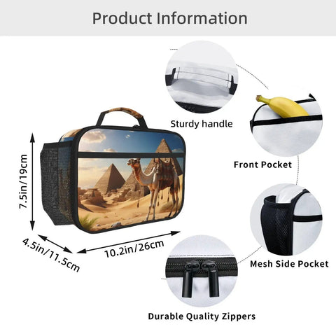 Camel Desert Insulated Lunch Box With Detachable Handle, showing design details and dimensions, 10.2x4.5x7.5 inches in durable Oxford cloth.
