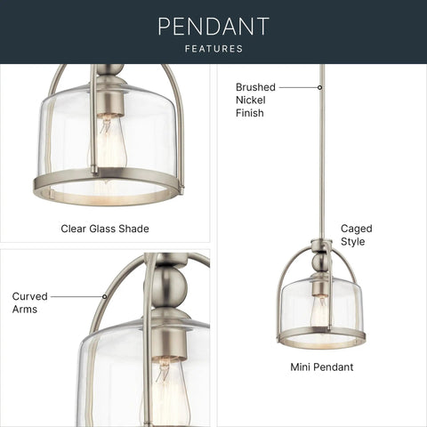 One Light Mini Pendant In Brushed Nickel, clear glass shade, curved arms, 4.75-in backplate, for kitchen islands and bars