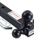 Tri Ball Hitch Mount For 2 Inch Receivers With 1-7/8 Inch, 2 Inch, And 2-5/16 Inch Black Tow Balls, durable steel, corrosion resistant finish.