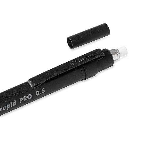 Pro Grade 0.5mm Mechanical Pencil With Brass Mechanism Cushioned Lead Built In Eraser Knurled Non Slip Grip Matte Black Finish A True Workhorse For Crisp Lines Precision Writing And Sketching, close-up with eraser cap removed
